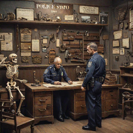 A police station, interrogation, healthy skeleton wearing handcuffs, , cops looking at him, old furniture, name boards, weapons, staff