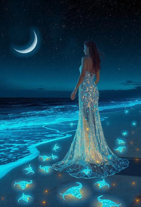 woman and a long dress made of fractals, a beach at night with bioluminescent stars and waves, a starry sky, glowing blue sea creatures on the sand, a crescent moon in the background, and an ocean flowing into the distance, the scene is peaceful yet mysterious, with the glow of fireflies adding to its ethereal beauty, 3d illustration, glitter, glow, ruby shine, opal, lumen, fractal, ultradetallization, 128k, HDR