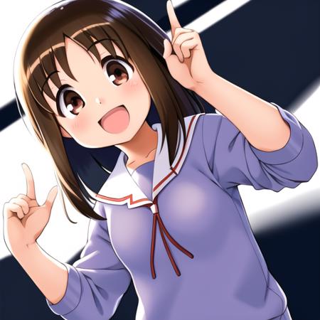 <lora:AyumuLoRAV2:0.7>, 1girl, solo, ayumu kasuga, brown hair, brown eyes, looking at viewer, smile, open mouth, school uniform, serafuku, white sailor collar, white background