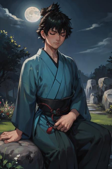 miyamoto iori green kimono, hakama sandals male focus