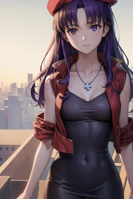 misatokatsuragi, <lora:misatokatsuragi-lora-nochekaiser:1>,
misato katsuragi, long hair, (brown eyes:1.5), blue hair, (purple hair:1.2),
BREAK hat, dress, bare shoulders, jewelry, jacket, earrings, open clothes, sleeveless, necklace, black dress, open jacket, sleeveless dress, beret, short dress, cross, red headwear, (red jacket:1.5), cross necklace,
BREAK outdoors, city,
BREAK looking at viewer, (cowboy shot:1.5),
BREAK <lyco:GoodHands-beta2:1>, (masterpiece:1.2), best quality, high resolution, unity 8k wallpaper, (illustration:0.8), (beautiful detailed eyes:1.6), extremely detailed face, perfect lighting, extremely detailed CG, (perfect hands, perfect anatomy),