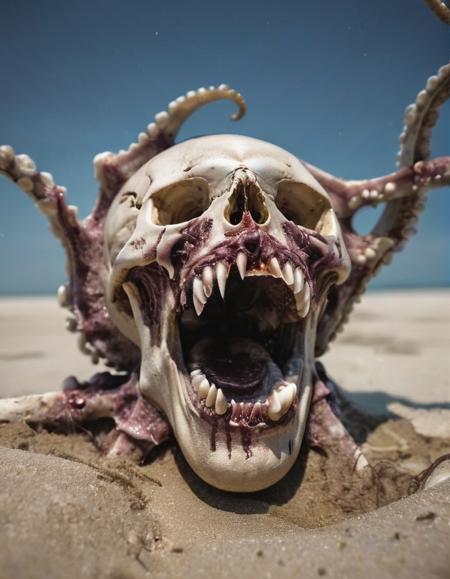 a skull, in the deep of sea, tentacles inside the skull, opened mouth, screaming, corrupted, cracks on skull, cinematic photography, standing on sand on deep of see, tentacles inside the eyes, depth of field,