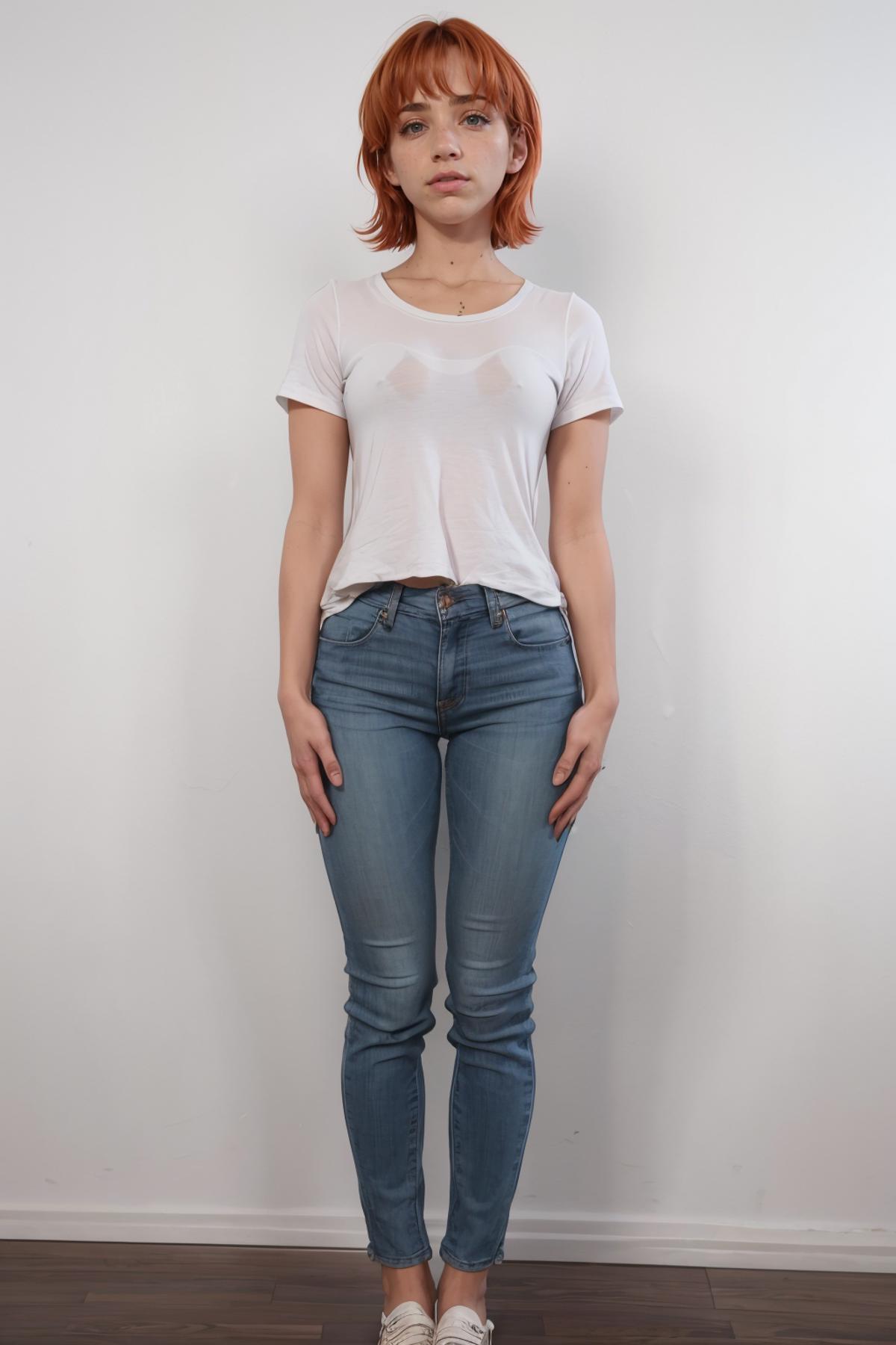 A woman wearing a white shirt and blue jeans standing against a white wall.