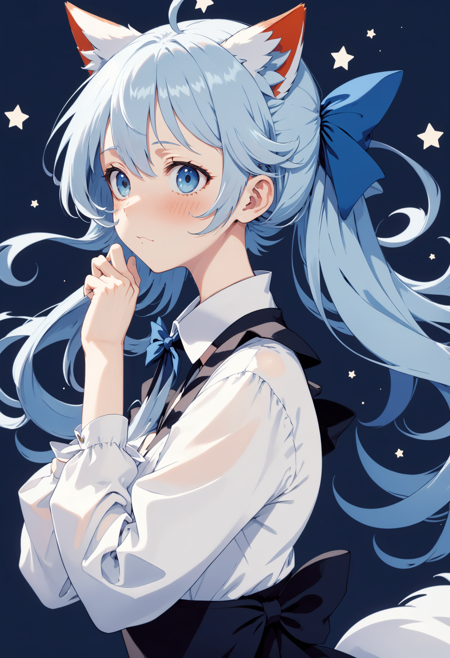 Kitsune maid in the style of Rumiko Takahashi, 1girl, solo, long hair, looking at viewer, blush, blue eyes, hair ornament, long sleeves, ribbon, holding, hair between eyes, closed mouth, blue hair, hair ribbon, white shirt, upper body, hand up, star (symbol), from side, looking to the side, profile, blue background, crown, blue ribbon, letterboxed, sideways glance, flat color, cel shading, screen print