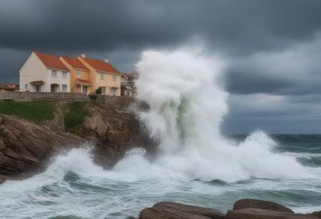 very realistic photography of the raging sea hitting a large rock creating a big splash near a village of houses with diverse colors, cloudy sky background