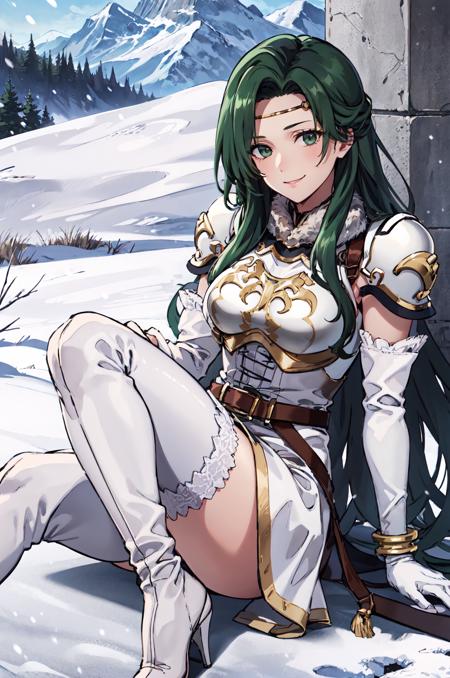 Sitting with knees bent, one hand on the floor,lying,cheek-to-cheek,smile,<lora:annandV1-000016:0.8>,annand, circlet,armor, white short dress, zettai ryouiki, thigh boots, breastplate,belt, shoulder armor, white footwear, elbow gloves, jewelry, bracelet, sleeveless, detached sleeves, fur trim, long sleeves, white thighhighs,high heels, gold trim, thighs, sleeveless dress, snowing,snow mountain,castle,outdoors,(masterpiece, best quality, ultra-detailed, best shadow)