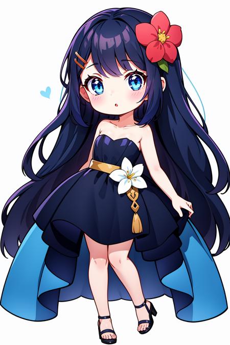 chibi,1girl,hair ornament,solo,dress,white background,flower,black hair,bare shoulders,long hair,blue eyes,shoes,very long hair,parted lips,strapless,full body,blue footwear,hairclip,hair flower,bangs,:o,bare arms,blush,blue dress,looking at viewer,virtual youtuber,strapless dress,white flower,black footwear,collarbone,standing,red flower,black dress,purple footwear,<lora:chibi style-000020:0.7>,