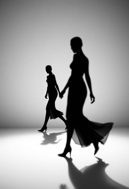 surreal minimalist photography with high-contrast sculptural elegance, black-and-white dreamlike atmosphere, dramatic light and shadow interaction, faceless figures blending into vast empty spaces, poetic movement frozen in time, timeless yet surreal storytelling