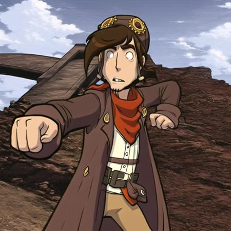 <lora:Deponia:0.9> 1boy, Rufus, fight stance, hat, outdoors,solo, rufus trenchcoat