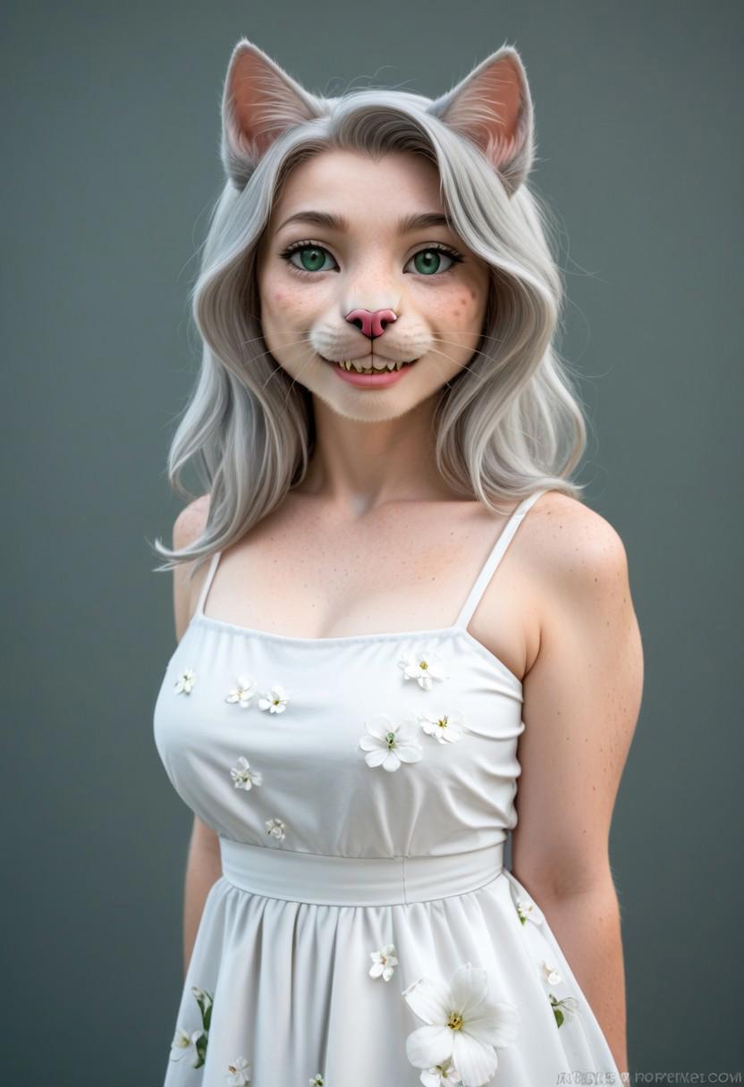 A 35mm photo of a beautiful 25 year old woman, she is an anthropomorphic grey cat, cat nose, cat teeth, green cat eyes, freckles, grey cat  fur, cat fur, grey cat ears, silver hair, white floral sundress