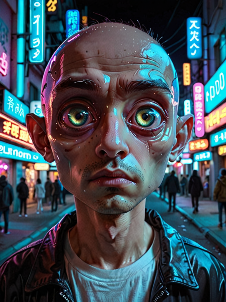 in a future the human is big head and rounded big eyes, the night is coming in the street, neon lights in background, high detailed, hyperealistic