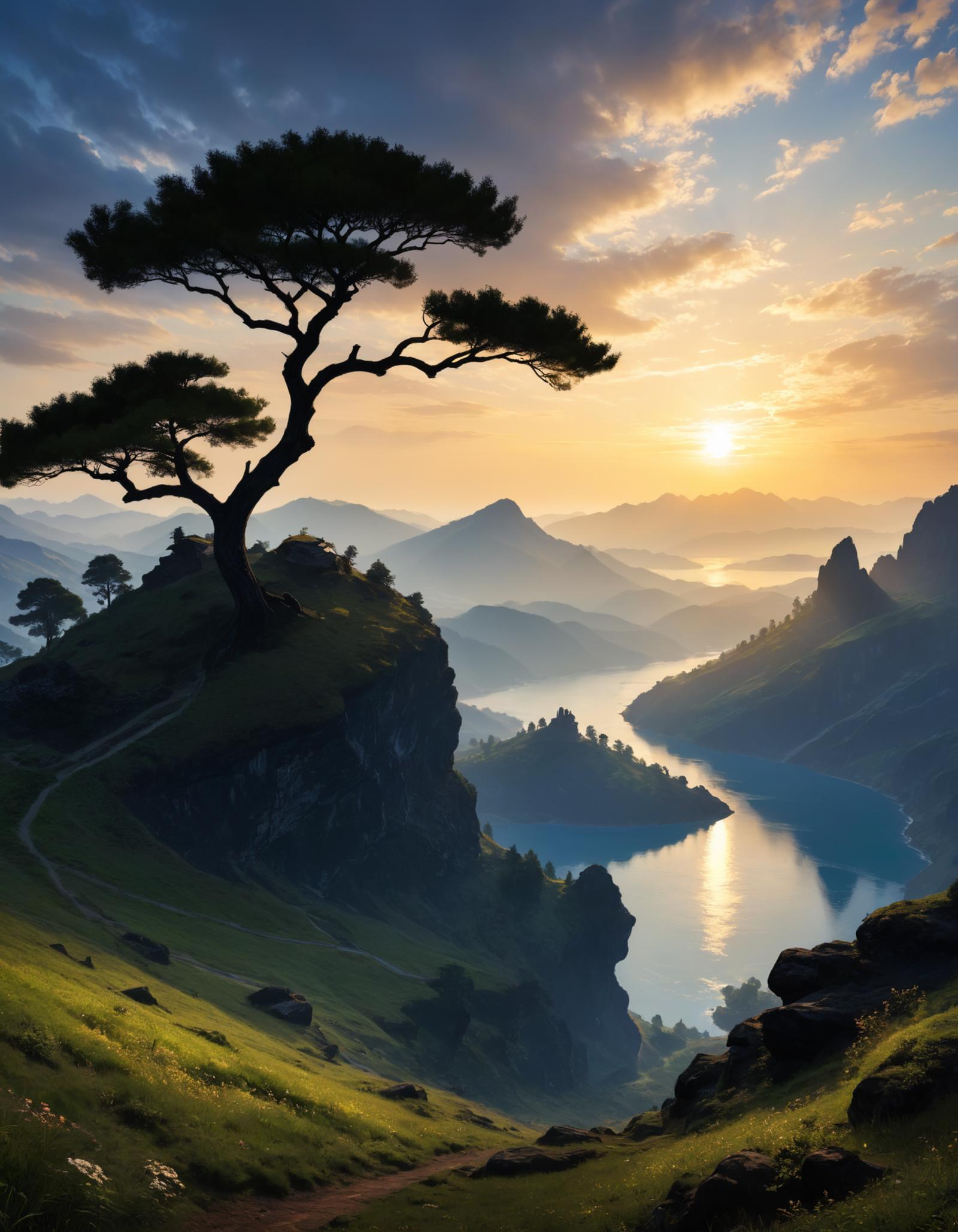 Beautiful Scenic Mountain View with Lake and Trees at Sunset