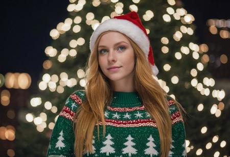 a gorgeous 21 y.o woman, green eyes, strawberry blonde hair, long straight hair, happy, cheery, wearing a christmas sweater, wearing a christmas hat, (looking at a giant christmas tree:1.5), on a big city square, at night,  snow, natural skin, skin moles, skin pores, goosebumps, high detailed, (cinematic, film grain:1.1)