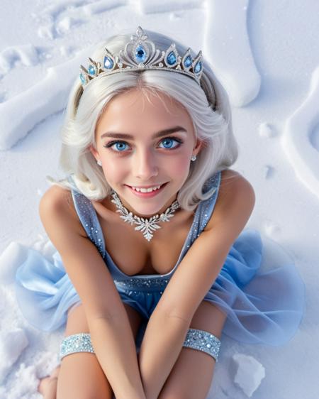 closeup princess girl sitting barefoot on the snow, her body is covered with snow and ice crystals, white hair, silver tiara, rich jewelry, cold blue big eyes, smiling, sparkling eyes, sensual pose, view from above