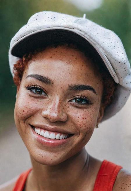 beautiful lady, (freckles), big smile, short hair, dark makeup, hyperdetailed photography, soft light, head and shoulders portrait, cover, black woman, black skin, red eyes, white thees, cap, russian