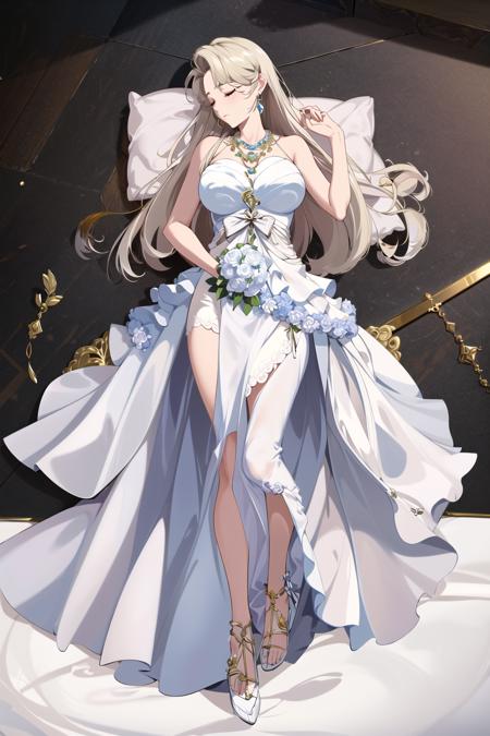 solo, masterpiece, best quality, highly detailed,1girl ,full_body,necklace,wedding_dress <lora:EileenV2_1.0+animeStyleMixLora_0.8_MIDD:1>,white,earrings,necklace,sleeping