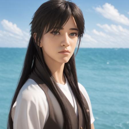 a young man with long black hair and a vest on standing in front of the ocean with a blue sky, (1girl:0.955), (bangs:0.575), (black eyes:0.572), (black hair:0.709), (blue sky:0.985), (closed mouth:0.536), (cloud:0.927), (day:0.980), (horizon:0.816), (japanese clothes:0.511), (lips:0.764), (long hair:0.775), (looking at viewer:0.811), (nose:0.534), (ocean:0.950), (outdoors:0.734), (realistic:0.814), (sky:0.988), (solo:0.937), (upper body:0.557), (water:0.600)