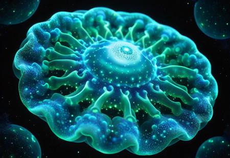 bioluminescent
coral,
 reflection, 
 radiant, star 
black background
Bioluminescent bacteriophage in outer space injecting DNA into a glowing planet-like cell, vibrant green double helix rings encircling the spherical cell, high-tech viral anatomy with glowing geometry, deep cosmic background with stars and nebula, surreal science-fiction style, 
(geometric mandala)
