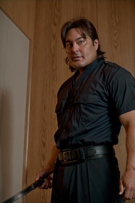 RAW photo, robert_zdar as a samurai police officer, (holding a katana), 8k uhd, dslr, soft lighting, high quality, film grain, Fujifilm XT3, medium shot, upper body, <lora:robert_zdar_1500:0.9>