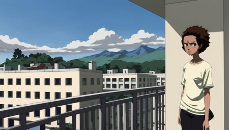 <lora:Boondocks Art Style_v1.0:1> Boondocks Art Style, drawing, (blonde woman:1.3) on a balcony