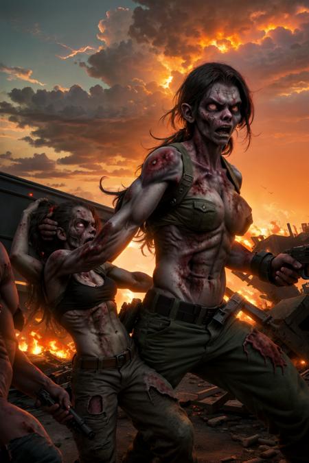 girl with gun fighting, zombie hoard attack ,Sarasota, perfect sunset in background, dramatic clouds, thunder storm,  ((zombie)) zombie attacking people, action movie scene <lora:SheDead-000004:0.5> zombie attack, perfect sunset, saint Armand circle, people, fire, explosions ,zombies