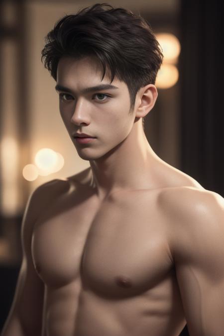 ((masterpiece)),((bestquality)),8k,high detailed,ultra-detailed, depth of field, wide angle,1boy, male focus, solo, handsome face, Neutral Expression, Stylish Pose, ,real skin texture,cinematic lighting,upper body, topless male, slim bodyshape,skinny,