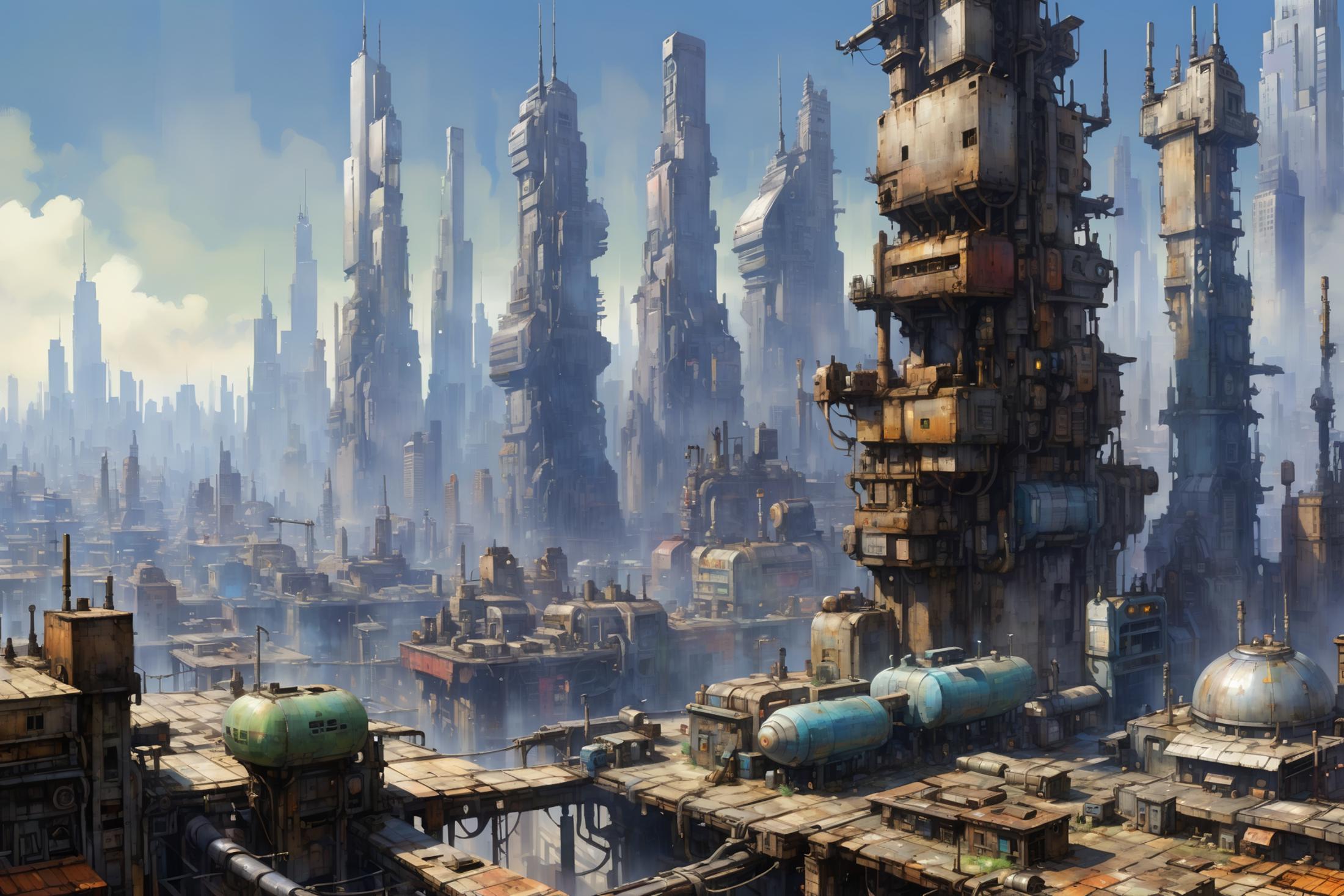 Futuristic city with tall buildings and blue tanks.