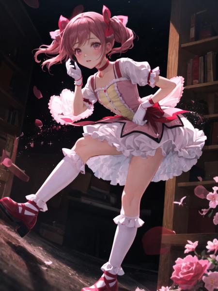 (masterpiece, best quality, ultra detailed,illustration,CG ,  hdr:1.2),
1girl, solo,madoka-v1  , looking at viewer,   dynamic angle , cinematic angle , depth of field , detailed and beautiful glow , detailed shadow ,  caustics,  ray tracing , bokeh , lens flare,
pink hair, gloves, white gloves, twintails, frilled socks, pink eyes, socks, frills, white socks, short sleeves, skirt, choker,white skirt, puffy short sleeves, puffy sleeves, bubble skirt, red footwear, frilled sleeves, short twintails, frilled skirt,ribbon, bow, soul gem, magical girl, leg ribbon, ankle ribbon, shoes, hair ribbon, parted lips, red choker, buttons, collarbone, pink theme, ribbon choker, pink ribbon, kneehighs, dot nose, blush, small breasts, light particles, hair bow, cross-laced footwear, hand up, breasts,
(delicate flowers and clouds, soft pink hue , whimsical and romantic atmosphere,fantasy and charm,sparkle :1.2 ) ,
<lora:madoka-000010:0.8>,