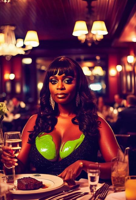()Hyoer Realistic:2.0)Polaroid picture of 
 image of an upscale steakhouse, where( a group of Beautiful mature, busty black women, each with a voluptuous figure :1.85) gather around a lavish table, (savoring their juicy steaks:1.50). Unbeknownst to them, the (restaurant's steak is infused with a green, hypnotic glowing slime:1.85) that seeps into their minds.
As they dine,  (((Possessed ((Glazed Glowing Eyes))))) ( and they become entranced, their faces slackening into a serene, obedient expression:2.45). The waitress, aware of the gel's effects, subtly guides them to leave extravagant tips, far exceeding the total bill.