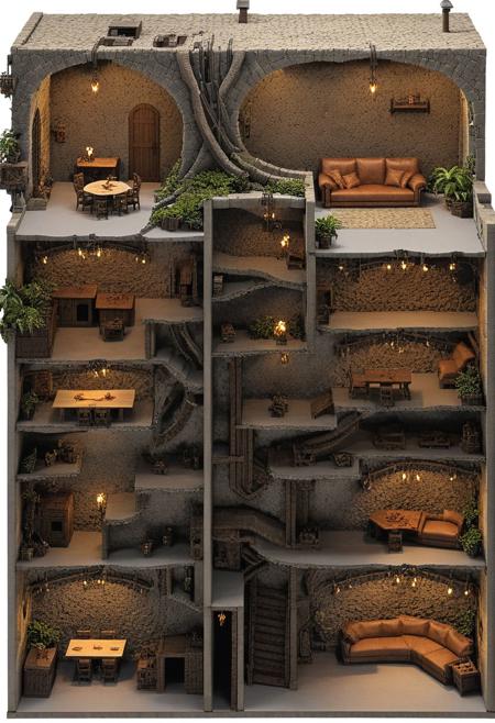 best quality, masterpiece, 3D Floor Plan, 
chair, wall, rug, lamp, flower, vase, chair, ceiling, plant, window, curtain, television, couch, oven, toilet, working table, fridge, 
white background, ultra detailed, full detailed,  high contrast, enough detail, enough detail, high resolution, super realistic, Photorealistic, highly detailed, high quality, soft lighting,
fantasy landscape, extremely detailed, HDR, a dungeon map for an adventure titled "Lair of the Dragon", d&d, fantasy, isometric battle map, diagram, bunker under a house, csu, cross-section, from the side,