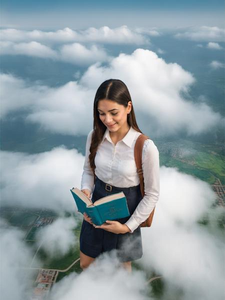 realistic, aerial photography, 1girl, close up, holding book, cloud, <lora:ap1-000024:0.8>