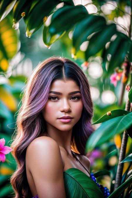 Zendaya_SoloTI_v1,
(In a flowing lilac kaftan, with beaded earrings, for a chic and radiant look),
(A tropical garden at dawn, with dew-kissed leaves and exotic flowers, birds singing softly, peaceful atmosphere:1.3),
(seductive:1.3),(analog, cinematic, film grain, hazy atmosphere, cinematic shot:1.3), 
 <lora:add_detail:0.6>,<lora:LowRa:0>, PA7_Portrait-MCU,