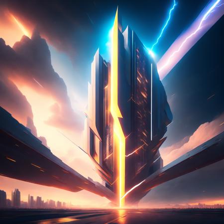 (neoolympus style:1) a futuristic city with a lightning bolt coming out of it <lora:djzNeoOlympusV21_LoraBooth:1>