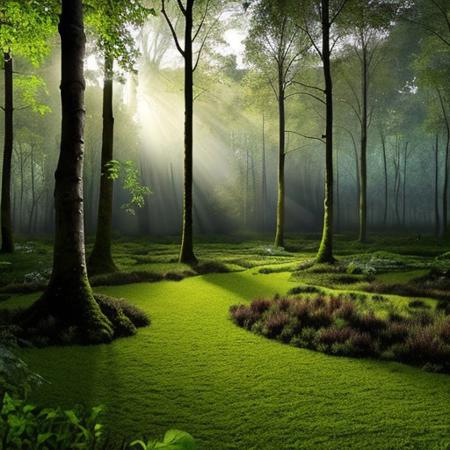 A hyper-realistic painting featuring a three-dimensional blue triangle with human eyes and a mouth, clearly expressing an emotion such as sadness or joy. The triangle should have realistic textures and lighting, making it appear as part of the physical world. It is set in a lush, vibrant forest at dawn, with sunlight filtering through dense foliage, illuminating the moss-covered ground and small wildflowers. Birds and woodland creatures add life to the serene setting. The triangle should blend seamlessly into the environment despite its surreal form, creating a striking contrast between the natural beauty of the forest and the lifelike, anthropomorphic triangle