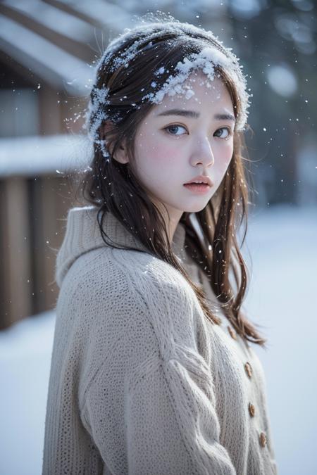 (8k, best quality, masterpiece, ultra highres:1.2) Photo of Pretty Japanese woman in the (style of paul rubens and rebecca guay:1.1) (melancholy winter snow:1.4)