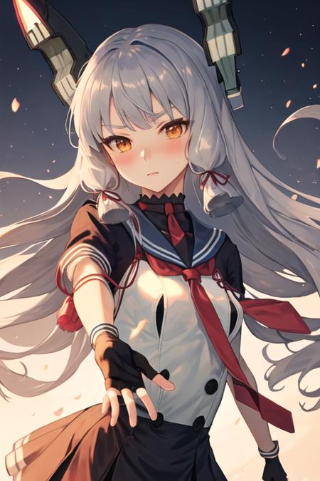 best quality, masterpiece, highres, solo, {murakumo_kantaicollection:1.15}, long_hair, hair_ribbon, ribbon, headgear, bangs, grey_hair, sidelocks, blunt_bangs, tress_ribbon, orange_eyes, necktie, blush, 1girl, gloves, looking_at_viewer, sailor_dress, school_uniform, serafuku, black_gloves, fingerless_gloves, dress, twitter_username