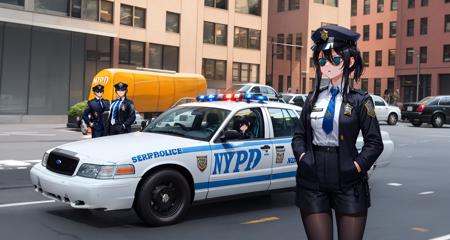 masterpiece,best quality,depth of field,lens flare, (motion blur:1.3), close-up, fisheye, dynamic pose,
street,manhattan,new york, window, police car, police vehicle, car, FordCVPI, NYPD, (CVPI-NYPD:1.3),girl with car,
sunglasses, necktie, animal ears, gloves, 1girl, black hair, and 1girl, black hair, shirt, suit, formal, official alternate costume, long hair, cigarette, hat, white cat ears, jacket, white shirt, black necktie, dutch angle, black gloves, holding, smoking, black jacket, watch, aqua eyes, adjusting clothes, collared shirt, hand in pocket, black gloves, short hair, looking away, long sleeves, ponytail, outdoors, hair between eyes, adjusting necktie, flower, black suit, open clothes, coat, wristwatch, blue flower, smoke, cat girl, bangs, striped, necktie, black headwear, night,police uniform, new york city police department, 
black pantyhose, shorts,
(frown, scowl:1.1),(:3:1.1),angry,open mouth, 
Supercilious,rolling eyes,(disdain:1.1),glowing eyes,sparkling eyes, looking at viewer, 
cinemagraph, muted color, high contrast,
<lora:FordCVPI-v1:0.8>