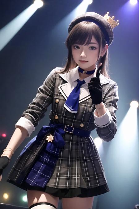 masterpiece, best quality, detailed face,ultra hi res,(a photography of a beautiful girl),photoreaslistic,
(1girl:1.2),
kawaii,
<lora:suisei_cos_V3:0.8>,
stageidol,suisei cos , gloves, plaid,  black gloves, choker, star (symbol),partially fingerless gloves, belt, plaid dress,plaid skirt, skirt, bracelet, shirt, buttons, blue belt,ascot,double-breasted,   blue ascot, plaid jacket, jacket, collared shirt, dress,grey jacket, black choker, long sleeves,blue ribbon, blue choker, grey skirt,jewelry,bracelet ,thigh strap, single thighhigh, socks,
beret, hat,plaid headwear, grey headwear,crown,
BREAK
(small breasts:1.2)  (flat_chest:1.2),
(slender),
singing,
(stage,Spotlight:1.2),
holding  microphone,
(crowd:1.2),
dynamic pose,(cowboy shot:1.2),