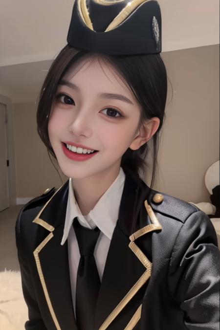 ultra-detailed,highly detailed,best quality,masterpiece,illustration,
cf yemeigui, 1girl, solo, cosplay, military uniform, long legs, light smile, 
garrison cap, necktie,  jacket,alternate costume,black necktie, 
looking at viewer, portrait,upper body, 
<lora:cf yemeigui_v1_03:0.9>