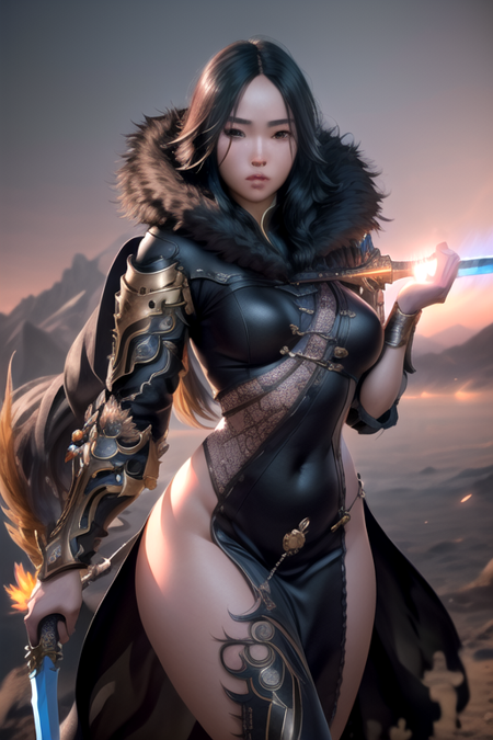 <lora:jinsoyunV4:0.6>jinsoyun, 1girl, solo, long hair, breasts, black hair, weapon, sword, magic ,(realistic:1.2), (realism), (masterpiece:1.2), (best quality), (ultra detailed), (8k, 4k, intricate),(full-body-shot:1), (85mm),light particles, lighting, (highly detailed:1.2),(detailed face:1.2), (gradients), sfw, colorful,(detailed eyes:1.2)(detailed background),detailed landscape, (dynamic angle:1.2), (dynamic pose:1.2), (rule of third_composition:1.3), (Line of action:1.2)