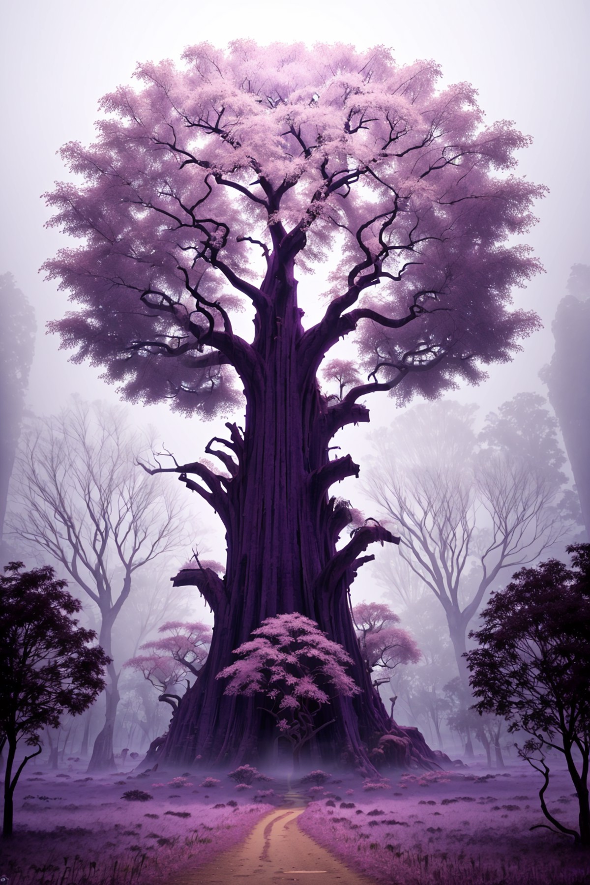 glowing purple ,<lora:Glowing-Purple-V1:1>, ancient giant tree in the deep jungle, birds in the branches, fog at dawn, bea...