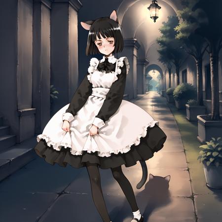 Thie,1girl,cat ears,black hair,bob_cut,brown eyes, large breasts, cat tail, maid,white dress,black sleeves, black_pantyhose,white_short_socks,mary janes,