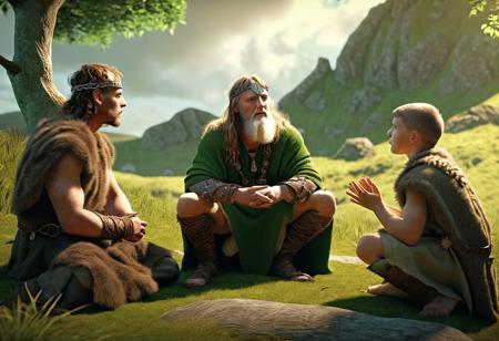 the day in the day of Celtic barbarians young ones gathered around a druid(telling a fascinating story:1.5) . High Definition 64K, Detailed and Intricate, Digital Art, Photo, Realistic, Cinematic, Studio Lighting, Beautiful Lighting, landscape view