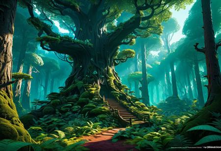 Fantasy concept art. intricate forest based on Life finds a ways maximalism, vibrant, complementary color scheme with NYX-like shadows. high-fantasy, mysterious, detailed, cinematic, trending on Artstation, Unreal Engine 5, 8k resolution, best quality.