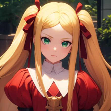 Anime girl with blonde hair and green eyes in a red dress, blonde anime girl with long hair, Cushart Krenz female key art, detailed digital anime art, detailed portrait of anime girl, made with anime painter studio, plain anime CG art, portrait of an anime girl, painted in anime painter's studio, Blonde - Princess Hair