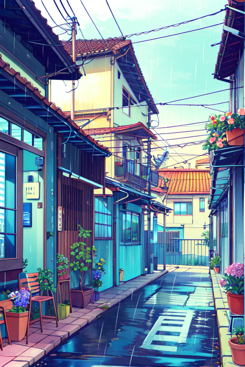 LoFi Aesthetic, (masterpiece, best quality, ultra-detailed, highres), bicycle, no humans, outdoors, power lines, rain, uti...