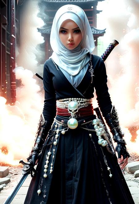 Pearlum, hkmagic, hijab and abaya, samurai, sword, mechine gun, chaos war situation, 1girl,