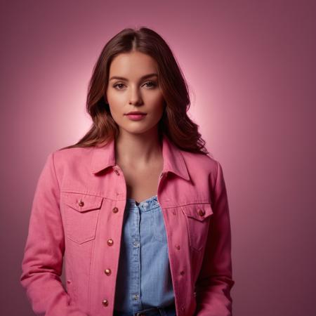 cinematic film still of  <lora:Butterfly Lighting style v2:1>
Butterfly lighting photography of a young woman in a pink jacket and jeans,1girl,solo,looking at viewer,brown hair,shirt,jacket,pants,lips,denim,jeans,realistic,nose shadow, shallow depth of field, vignette, highly detailed, high budget, bokeh, cinemascope, moody, epic, gorgeous, film grain, grainy