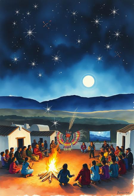 Best quality, campfire, pueblos, new mexico, gathered crowd, kachina dancer, watercolor, night, moon, sparks flying into stars, masterpiece