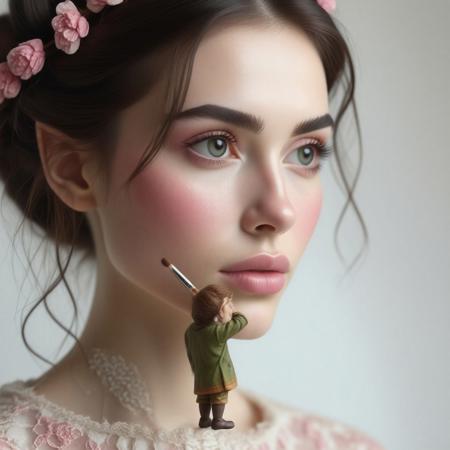 A hyper-realistic, breathtaking image of a tiny hobbit beautician standing delicately on the cheekbone of a giant woman, blending a soft pink blush onto her flawless skin. The fine bristles of the brush create a seamless transition of color, enhancing the woman’s natural beauty. The hobbit, clad in finely embroidered fabric, holds the brush with precision, their tiny fingers carefully maneuvering to perfect the application. Soft, natural lighting highlights the smooth skin texture and the realism of the powder’s diffusion. The cinematic composition focuses entirely on the interaction, capturing the artistry and scale in a truly lifelike manner.